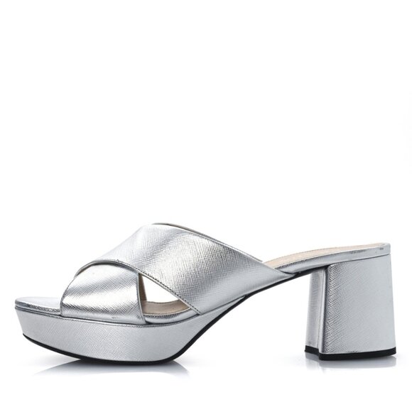 NWT Prada Platform Sandals Metallic Silver Saffiano Leather Crisscross Strap - Picture 1 of 11